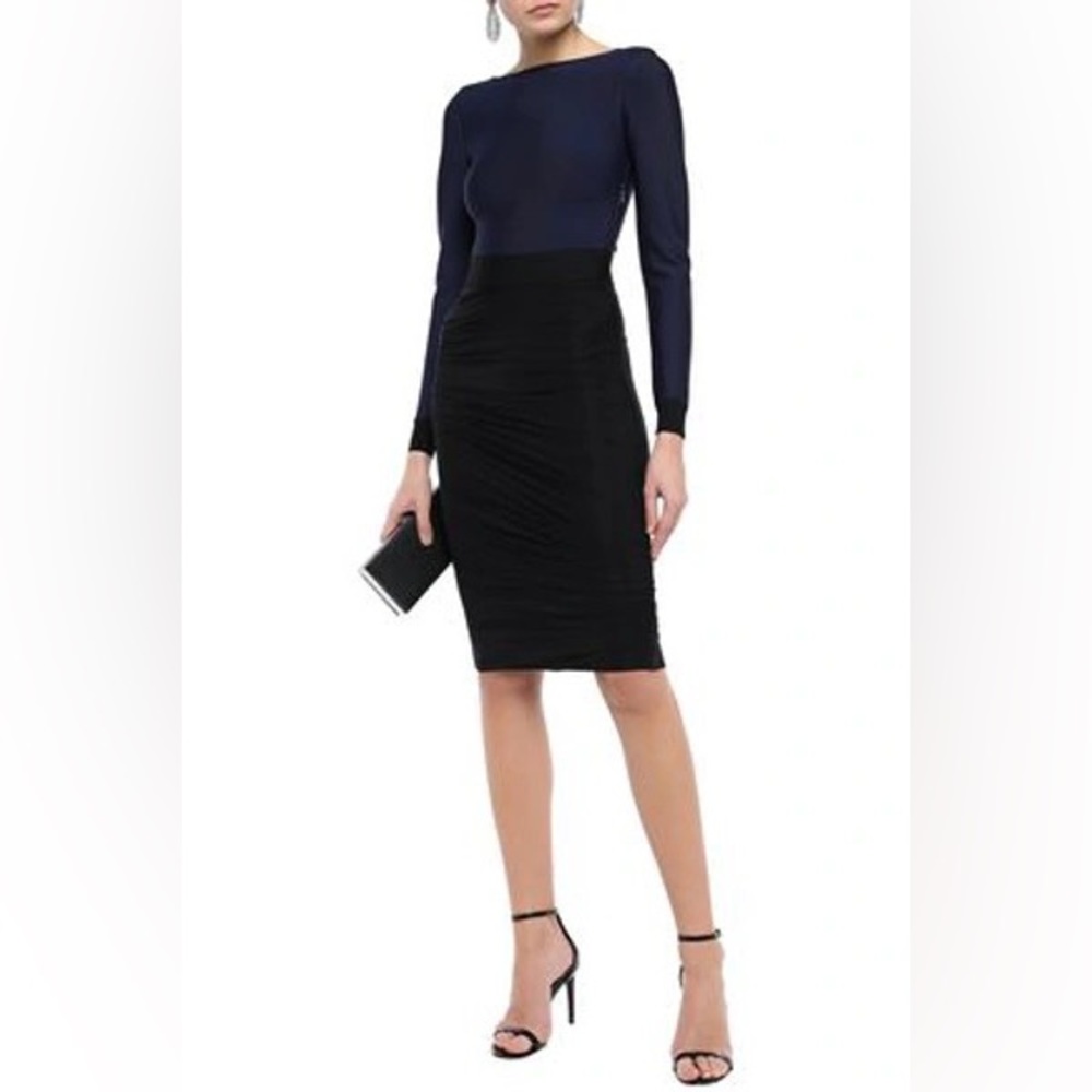 Herve Leger PONTE AND RUCHED STRETCH-MESH DRESS IN MIDNIGHT BLUE. Size small
